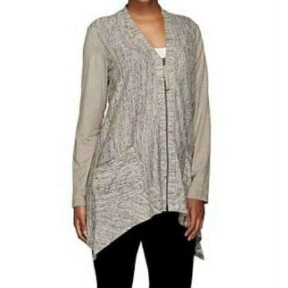 Logo Lori Goldstein Size M Zip Front Cardigan Tunic Shacket Mixed Media Beige - Picture 1 of 11